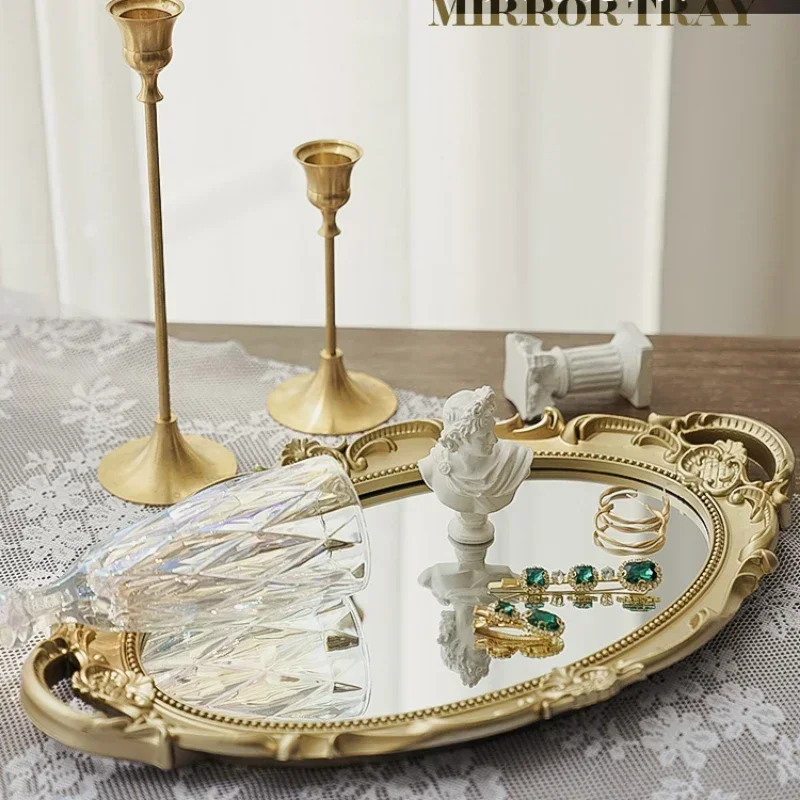 European Light Luxury Gold Mirror Tray Retro Carving Shooting Decorative Props Indoor Dressing Table Display Panel