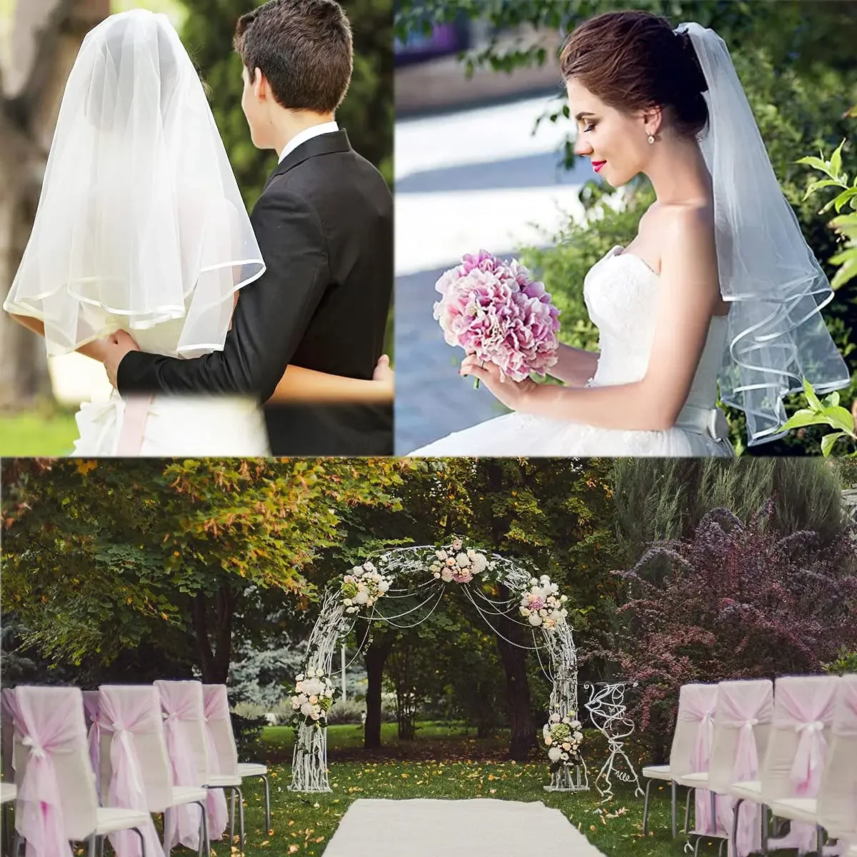 Voile de mariage court en tulle blanc pour femme, bord de ruban avec peigne, costume de fête d'enterrement de vie de jeune fille, patients