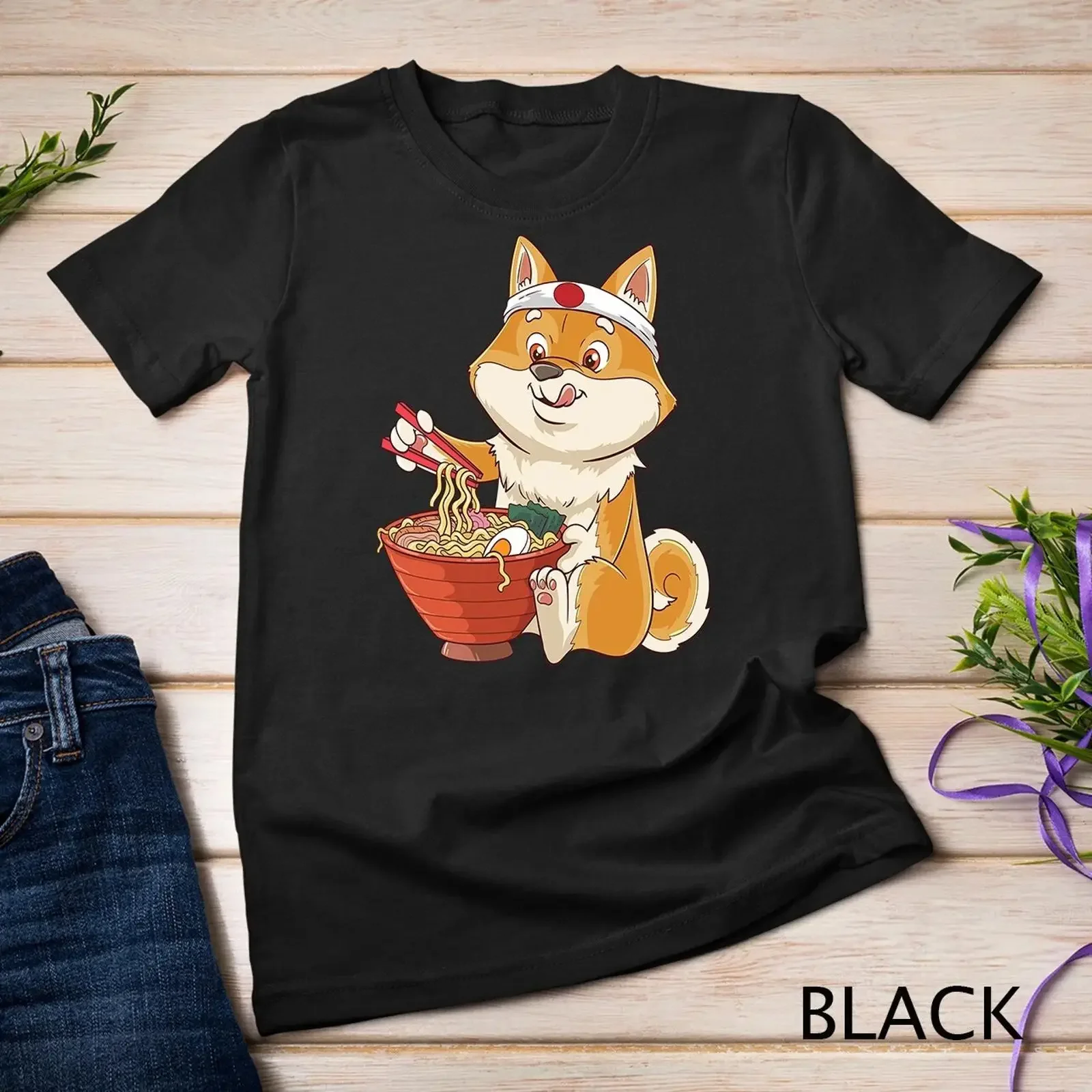 Ramen Shiba Inu Japanese Dog Noodle Soup T shirt vintage Washed Slightly Versatile Stylish graphic Casual Unisex fashion