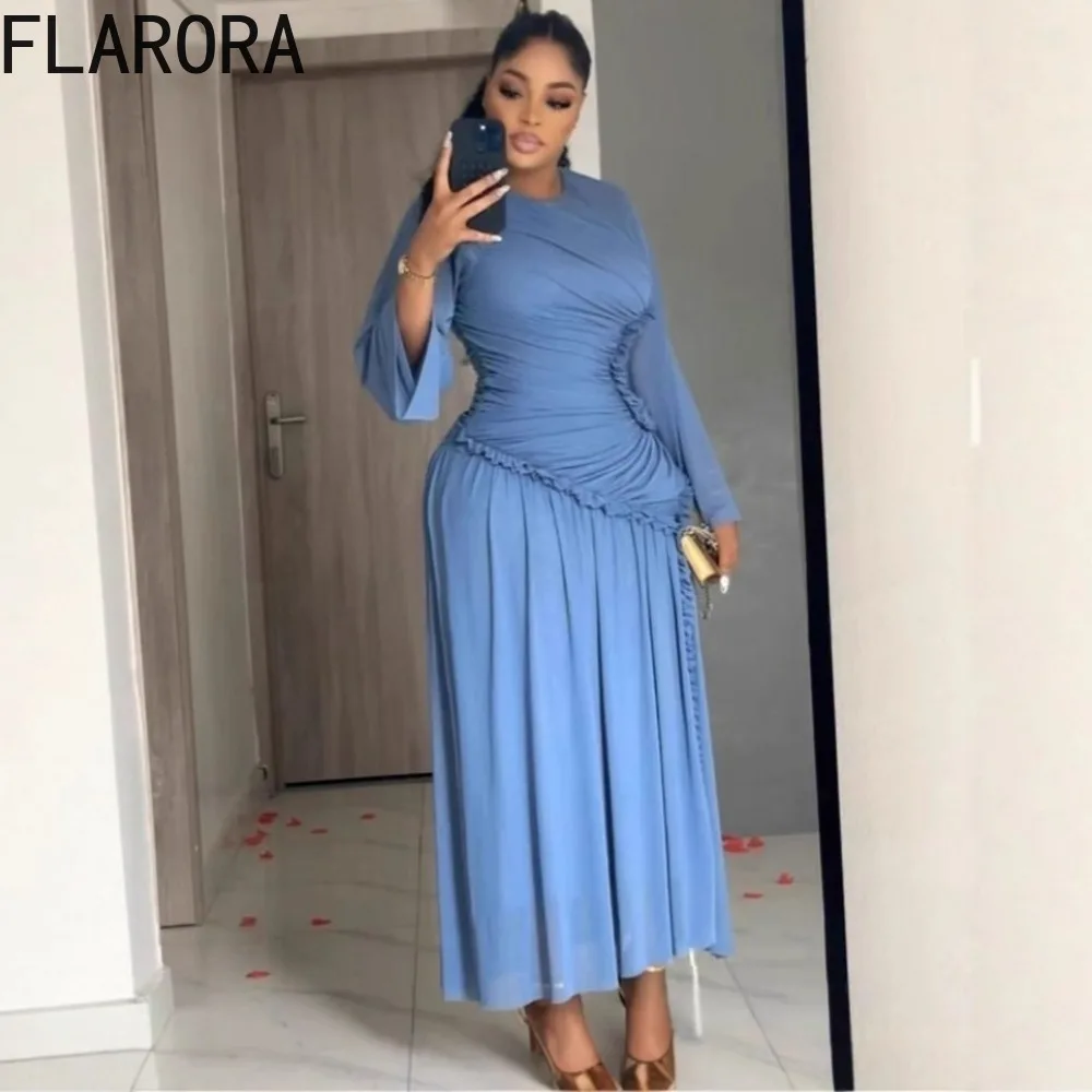 

FLARORA Elegant Ruched Patchwork Dress Woman Irregular Solid Color O Neck Long Sleeve Bodycon Dresses Fashion Street Vestidos