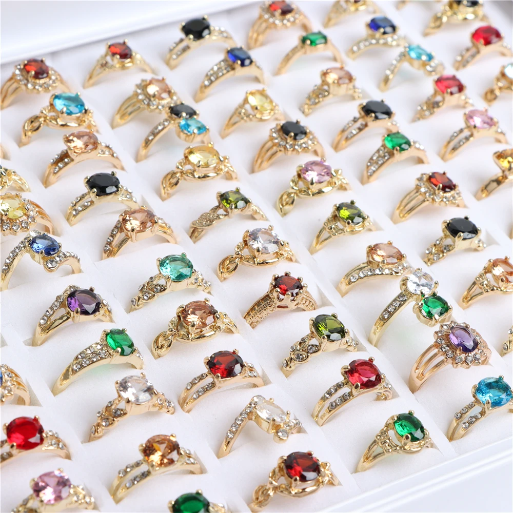 Wholesale 20/30/36/50/100Pcs/Lot Fashion Colorful Shiny Zircon Rings For Women Mix Style Color Wedding Jewelry