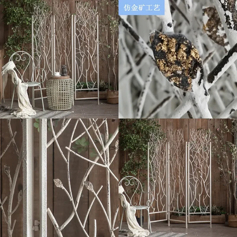 White Distressed French Wrought Iron Folding 3 Panel Room Divider Screen Portable Floor Partition Decor for Home Office