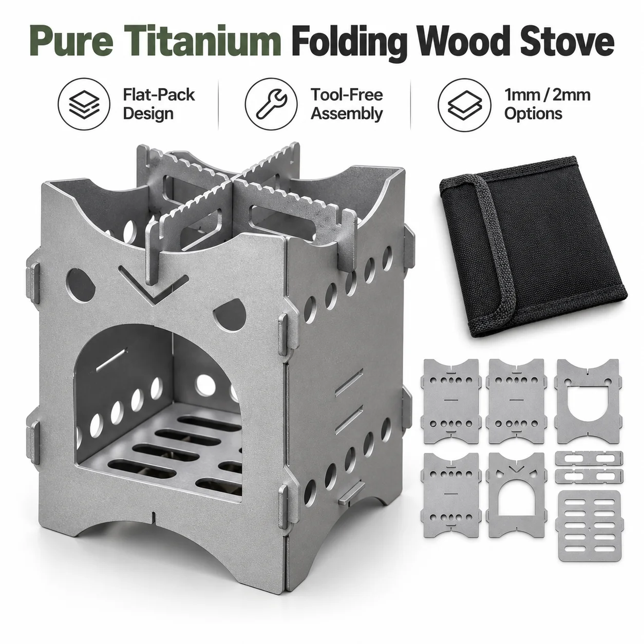 Pure Titanium Wood Stove 1mm/2mm Flat-Pack Card Stove Portable Titanium Camp Stove for Backpack Bushcraft Hiking Outdoor Cooking