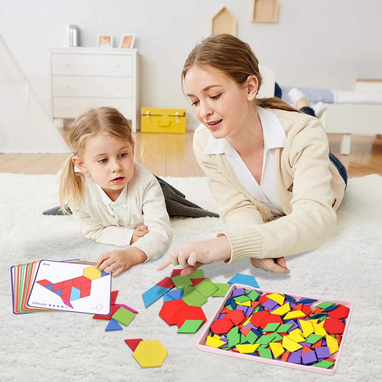 كتل نمط خشبية أشكال للأطفال، لغز تانجرام هندسي مع بطاقات أنشطة، 150 قطعة لعبة تعليمية #2