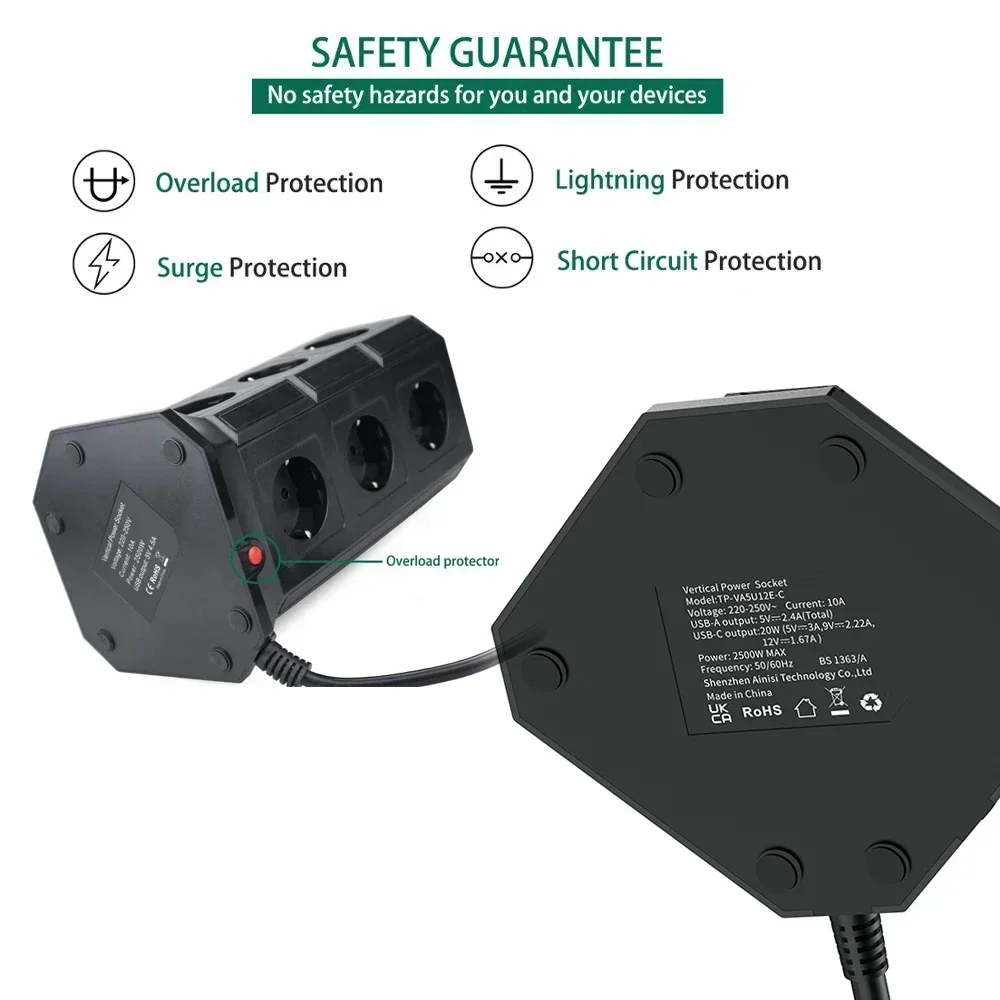 Melery Tower Power Strip Vertical EU Plug Adaptador Tomada USB TYPE-C Protetor contra surtos Proteção de circuito Cabo de extensão de 2m