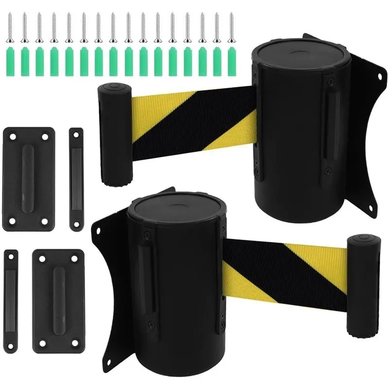 LXYB18B Wall Mount Retractable Belt Barrier 2 Pack,Fixed Retractable Belt Barrier With Steel Case 16' Black And Yellow Belt