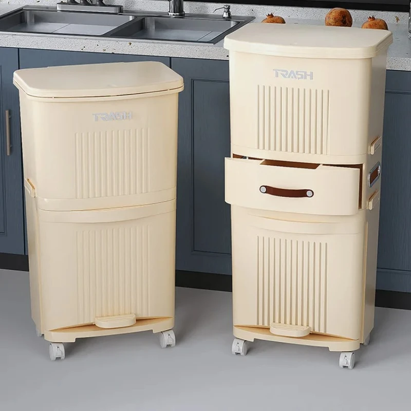 Slim Space Saving Design & Odor Control Kitchen Trash Can with Lid - Tall Dual Bin Waste Basket for Dry Wet Separation,