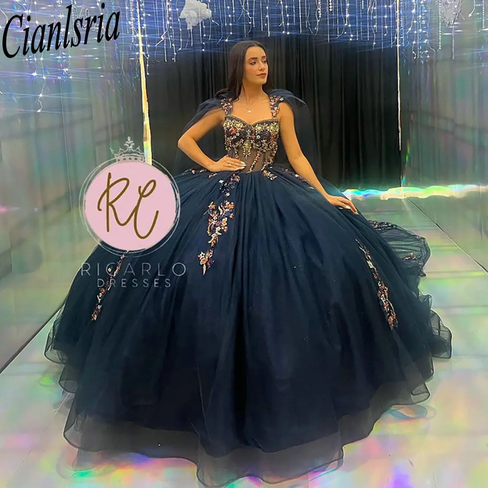 

Navy Blue Illusion Floral Embroidery Ball Gown Quinceanera Dresses With Cape Beading Crystal Sweet Birthday Vestidos De 15 Anos