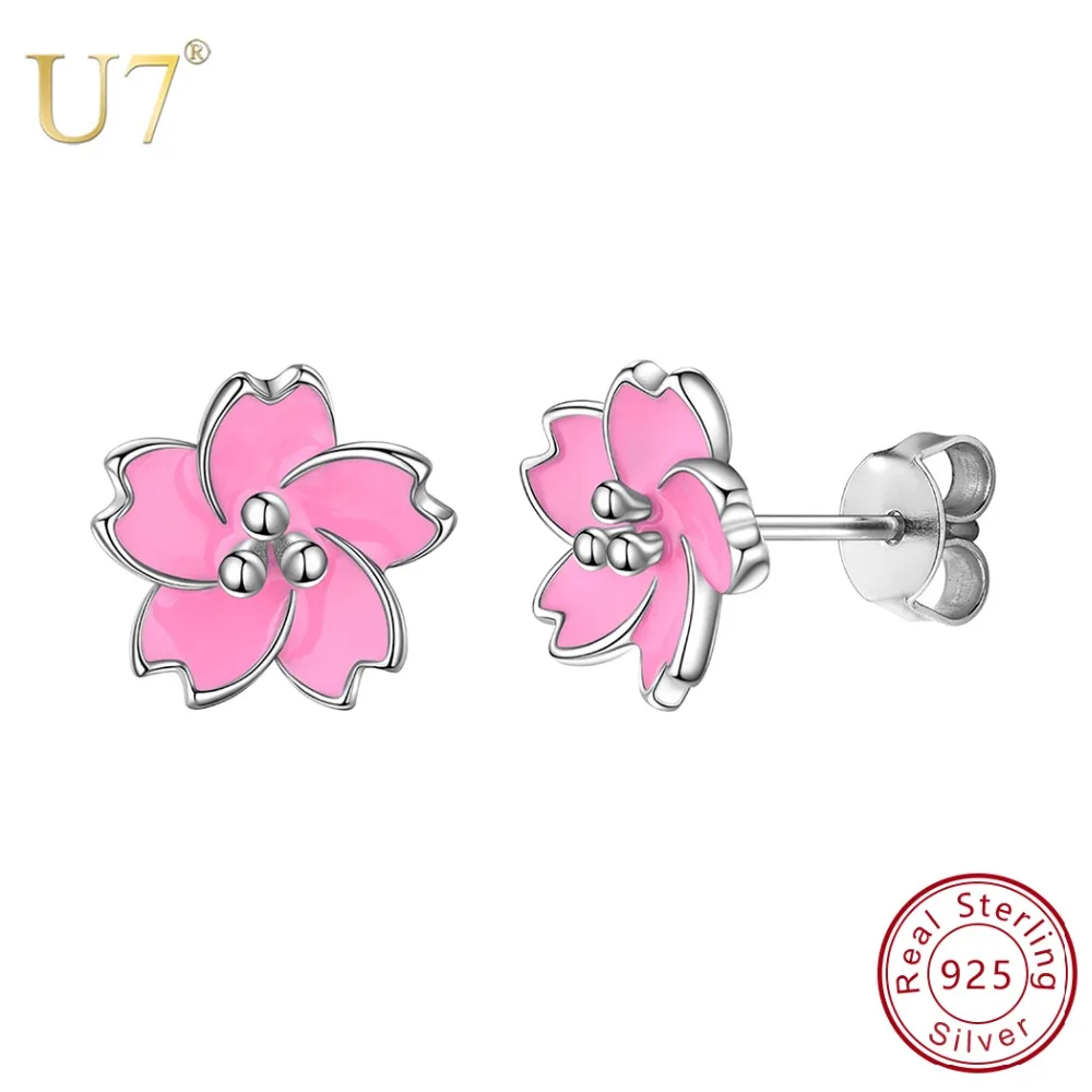 

U7 925 Sterling Silver Cherry Blossom Stud Earrings Pink Enamel Earrings for Women Valentine's Day Gift Idea QC24