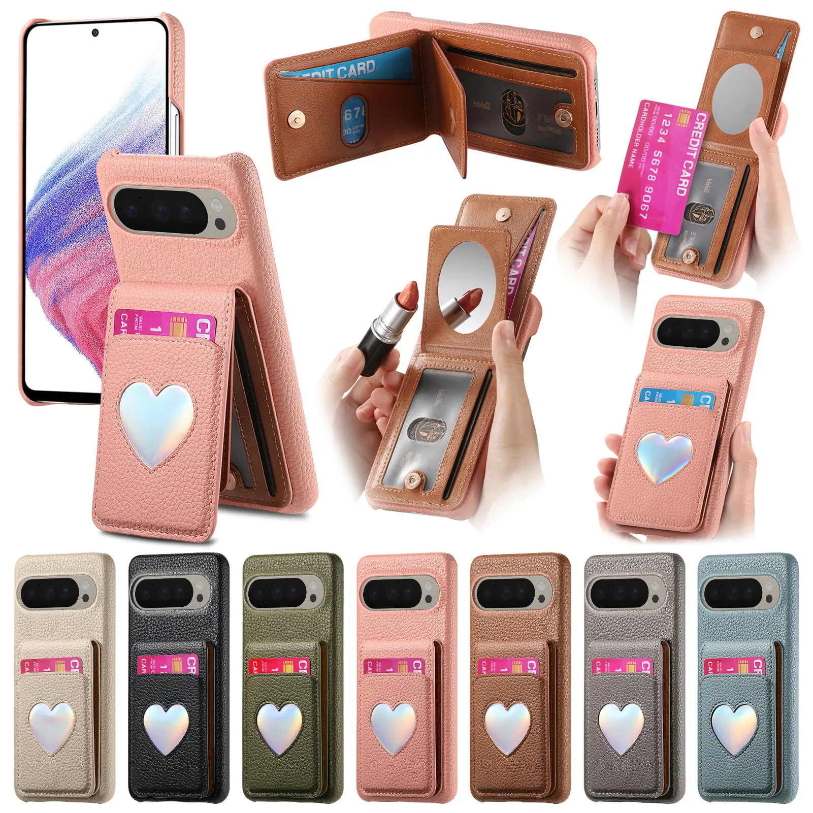 ライチ柄 ハート型ミラー付き スマホホルダー 財布型 レザーケース Google Pixel 10 Pro XL 9A 9 8 8A用 耐衝撃 スリムカバー