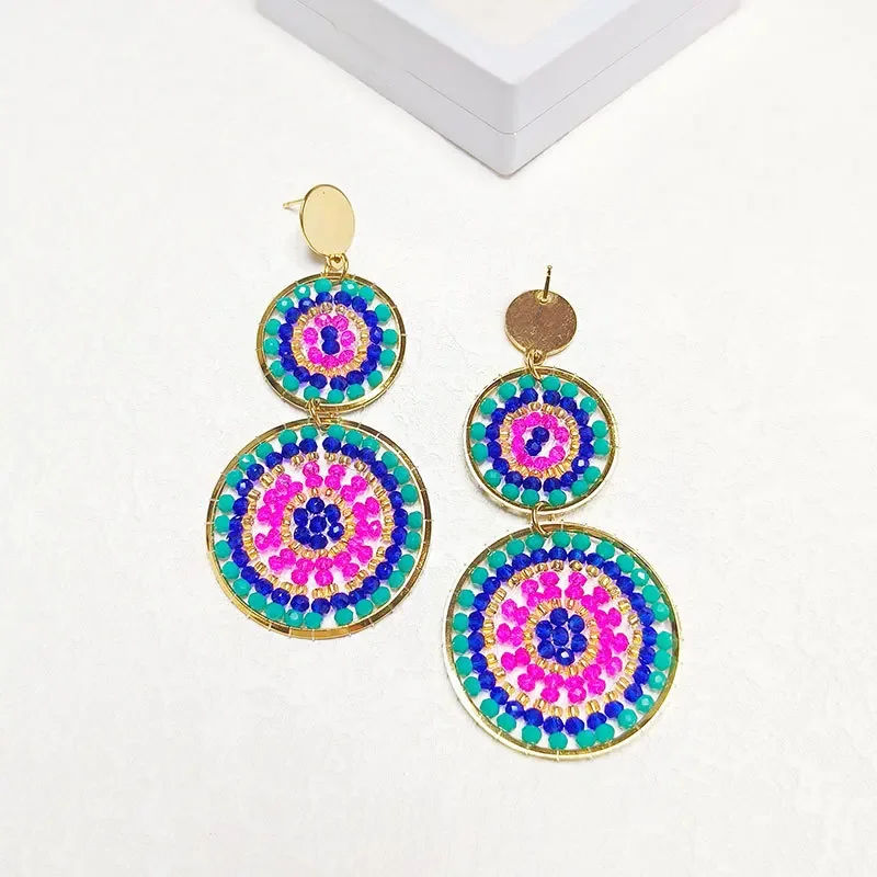 Beaded earrings Circle Double-deck Chroma Trend Versatile Hand knitting Bohemia Alloy Crystal Female Simple Rice bead earrings