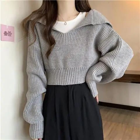 Cropped Knitted Sweater Women Pullover Autumn Winter Korean Long Sleeve Top Chic Turn Down Collar Long Sleeve Short Jumper