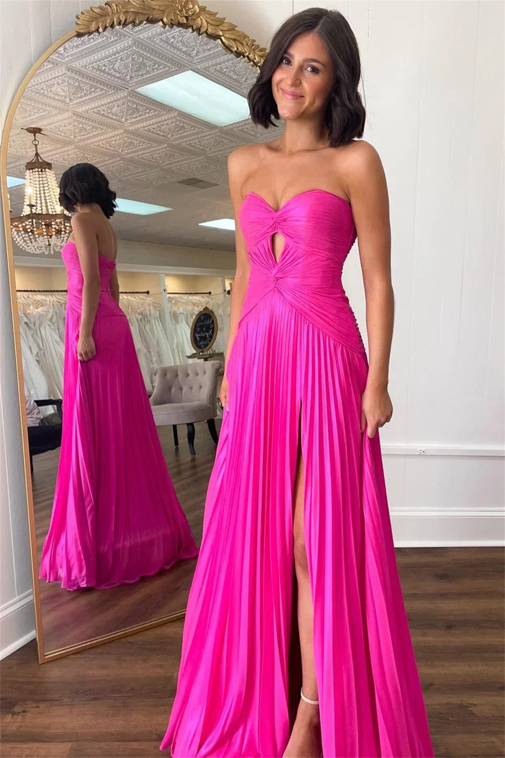 Sexy Strapless Cutout Prom Dress Pleated High Split Floor-Length Evening Gown Party Dress