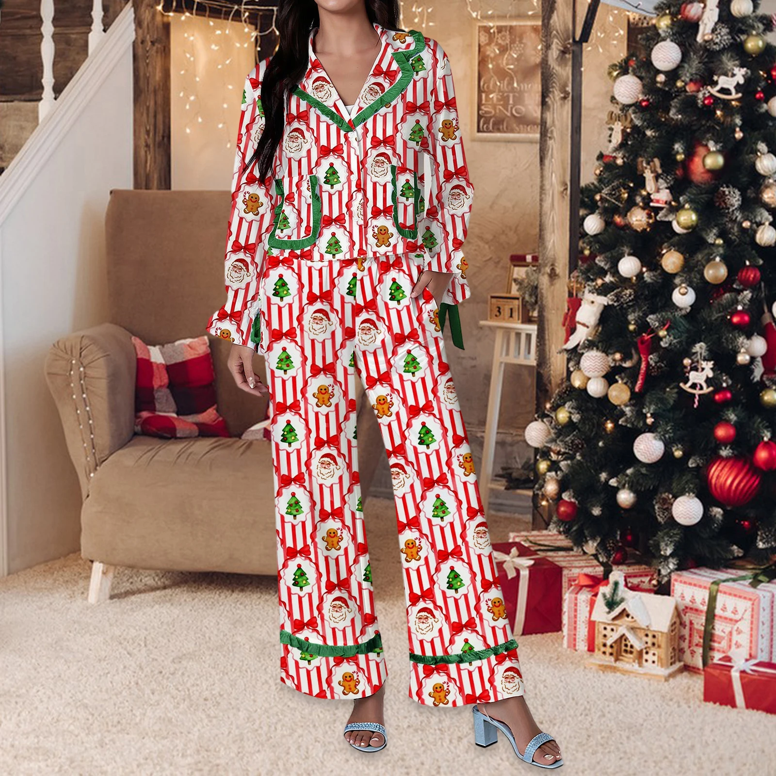 Women Christmas Pajama Sets Santa Claus/Bow Striped Print Lapel V Neck Long Sleeve Button Shirts Tops Pants 2pcs Soft Sleepwear