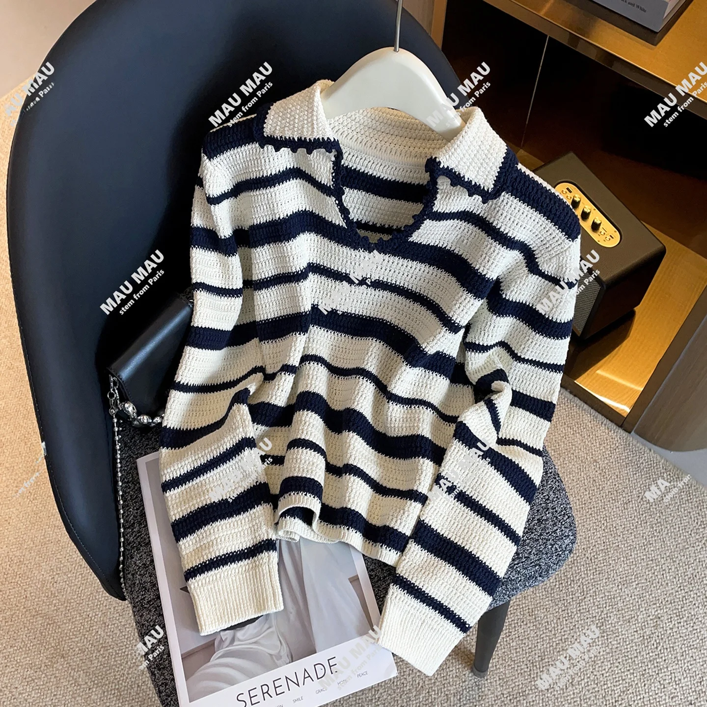 

High-End Women's Casual Stripe ort Sve Knitted Sweater Versatile Lazy Sle Top Korean Version Comfortable Midweight Kni...