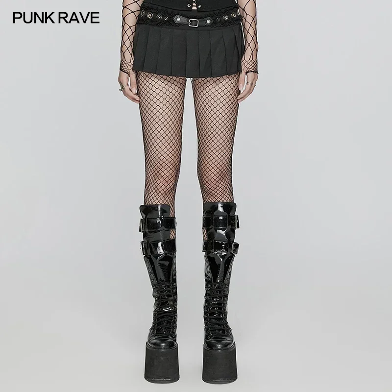 PUNK RAVE Women's Punk Personalized Sexy & Attitudinal Short Pleated Skirt Detachable Leather Loop Slim Fit Black Mini Skits