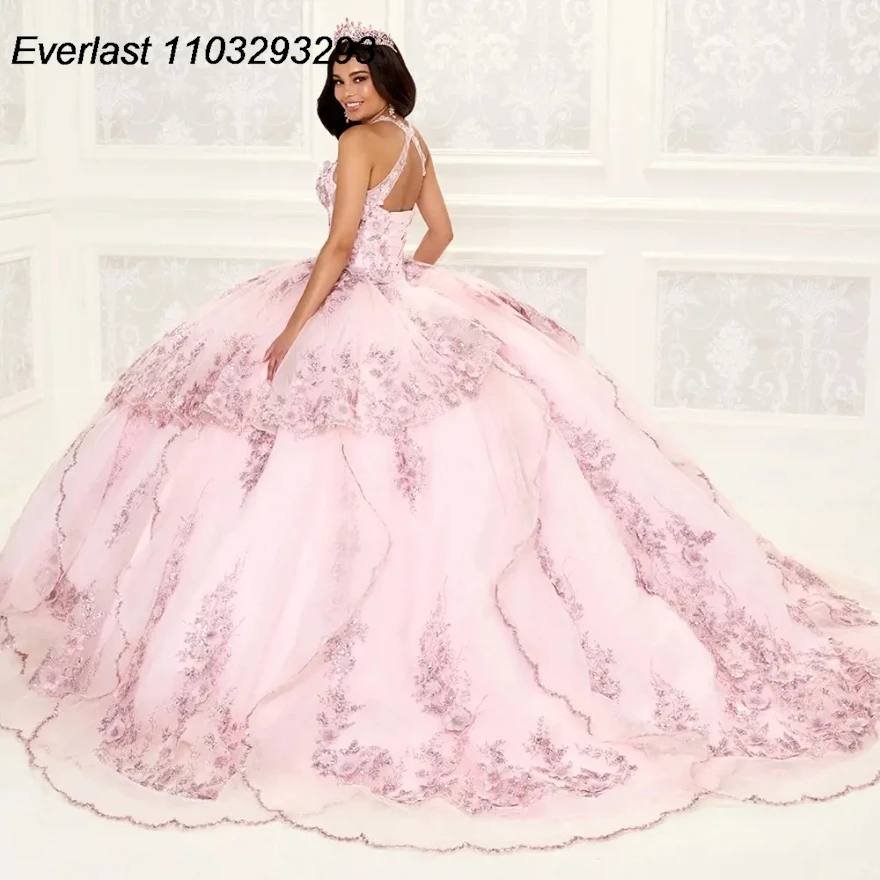 EVLAST Lavender Quinceanera Dress Ball Gown Lace Applique Beading Crystal Tiered Ruffles Sweet 16 Vestido 15 De Años TQD219