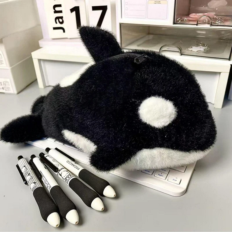 ●Cartoon Plush Killer Whale Pen Bag Large Capacity Stationery Bag Student Gift For School Office Funny Pencil Case view 3