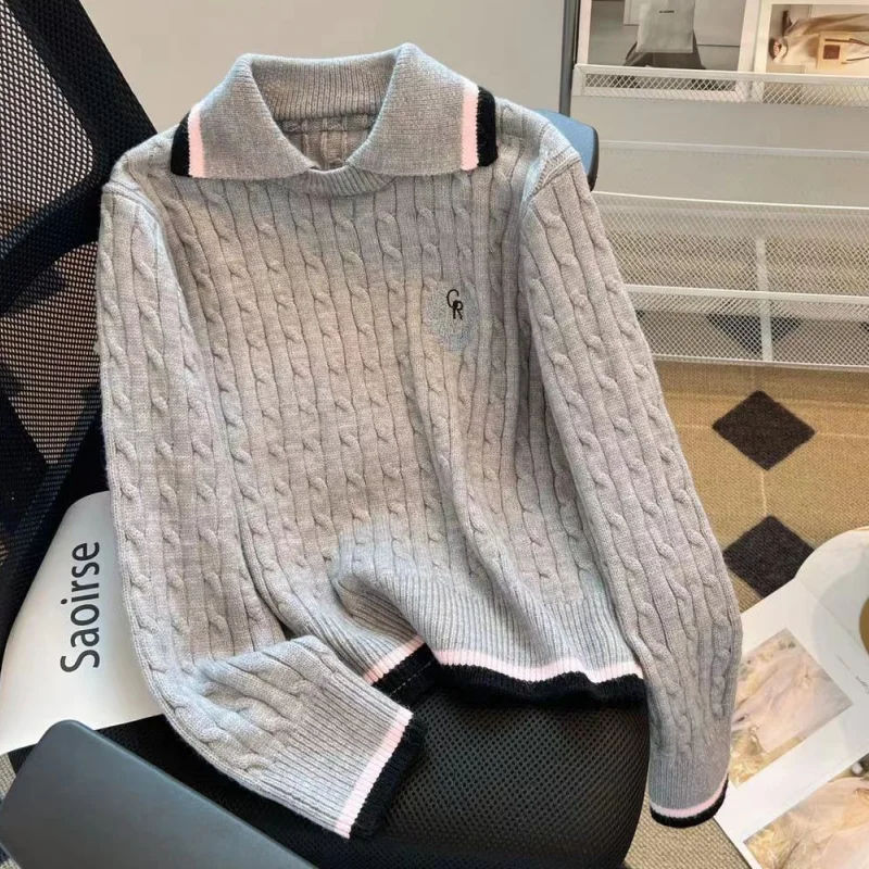 Women Grey Clothing Vintage Knitting Sweater V-neck White Long Sleeve Casual Korean Fashion Baggy Female 2023 Winter NEW Tops