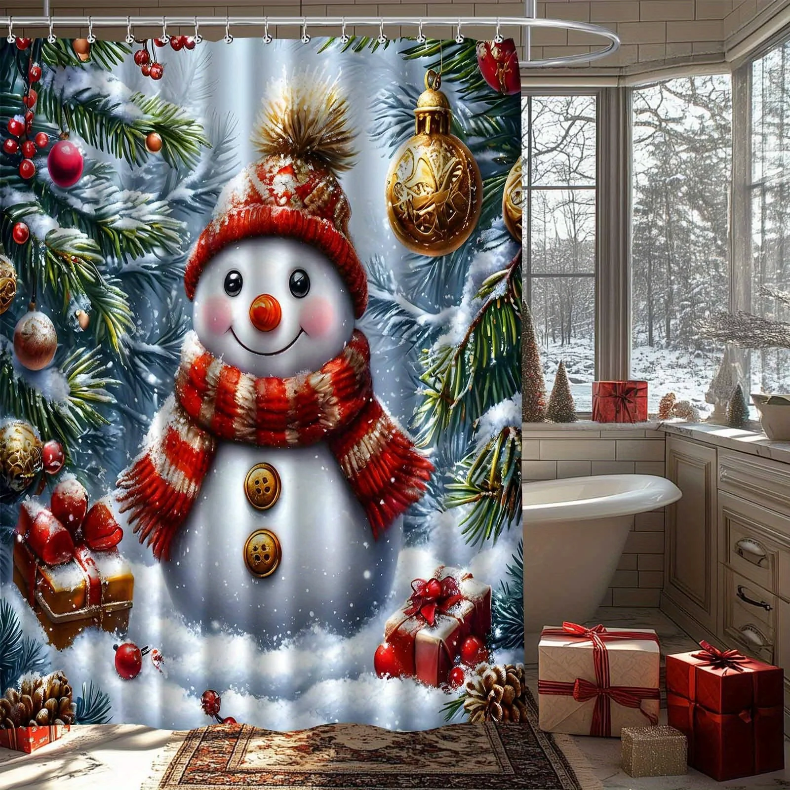 Christmas Snowman Shower Curtain - Festive Bathroom Decor with Snowman, Presents & Pine Branches