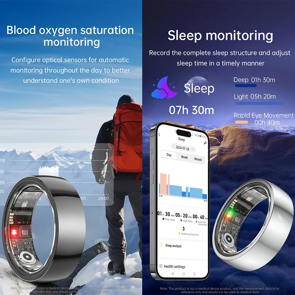 R1000 الفولاذ المقاوم للصدأ موضة حلقة ذكية IP68 Waterperoof معدل ضربات القلب الأكسجين في الدم رصد الضغط أنيق البنصر الرجال النساء