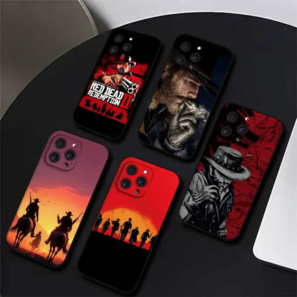 Funda de Silicona Negra Suave para iPhone 17, 16, 15, 14, 13, 12, 11 Plus, Pro, Max, XR, XS, X, 7, 8 Plus, Mini con Diseño de Red Dead Redemption 2