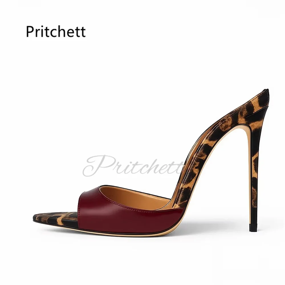 

12Cm Stiletto Leopard Prints Slippers for Women Pointed Toe Leather Patchwork High Heels Summer Shoes Outside Party Shoes