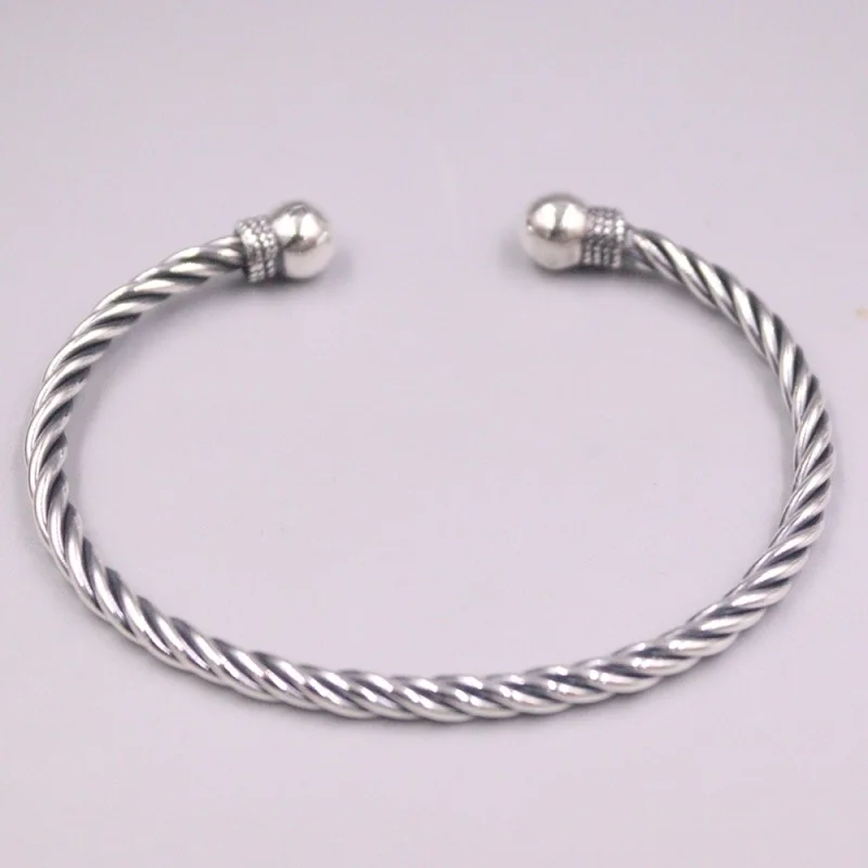 Real Pure 999 Fine Silver Bangle Women Lucky Twist Double Bead Cuff Bracelet 16-17g