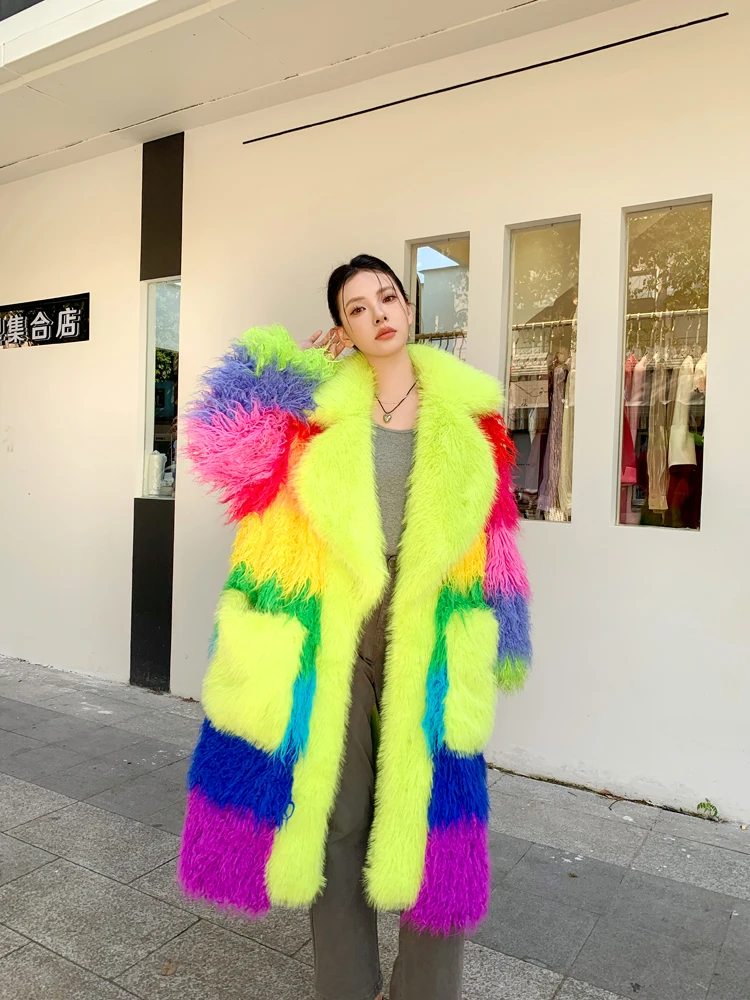 Original Design Female Colourful Faux Fur Coat Contrast Color Lapel Long Jacket Lady Shaggy Outerwear Women\'s Winter Coats