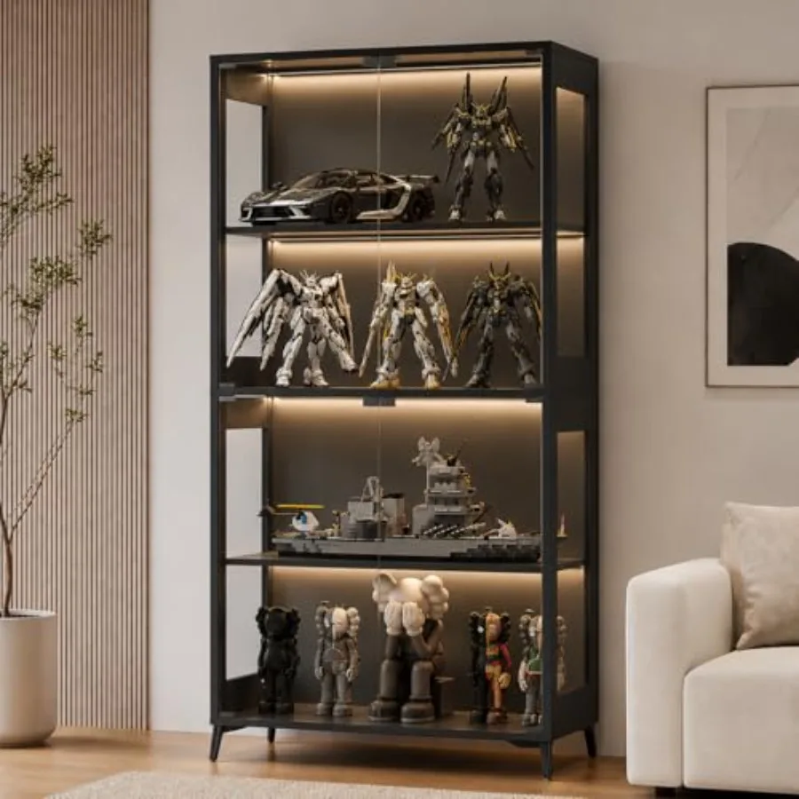 Black 4-Tier Display Case with Adjustable Shelves, Glass Doors, Metal Base, RGB LED Lights with App Remote Control for Collecti