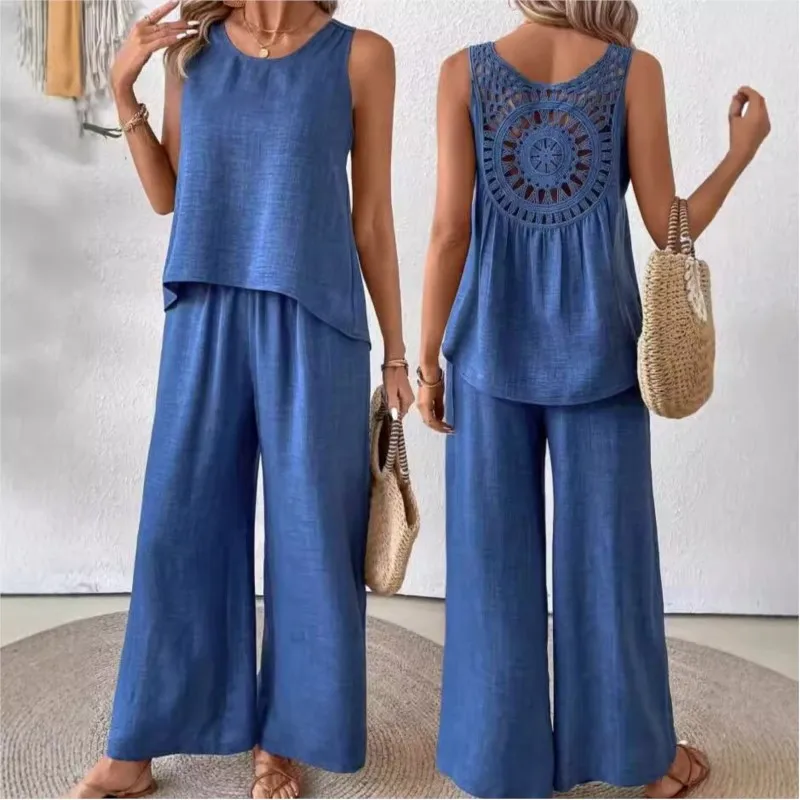 2025 new summer sleeveless solid color back hollow lace suit women's round neck pullover loose top comfortable casual pants set