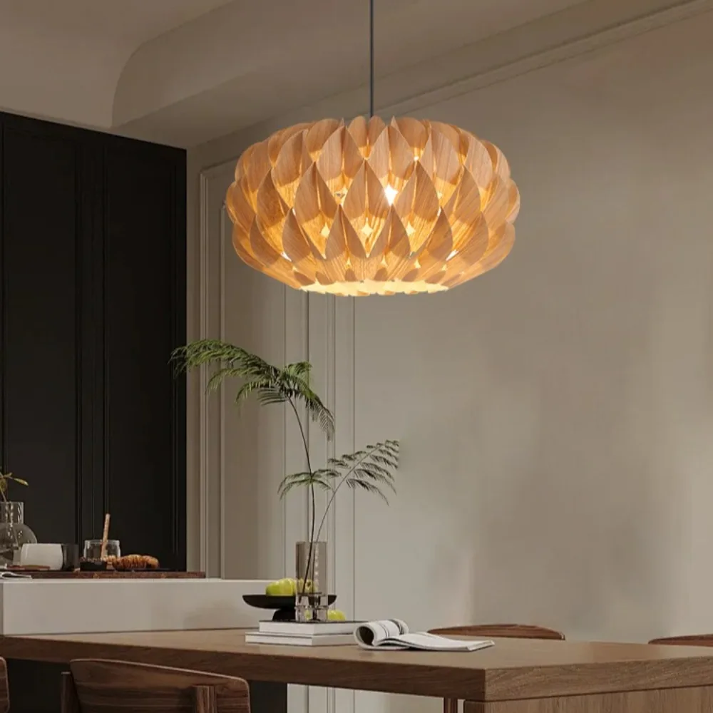 

40cm Wooden Chandelier E26/E27 Wooden/Black Veneer Ceiling Light Southeast Asian Japanese Style for Hotel Bedroom Restaurant