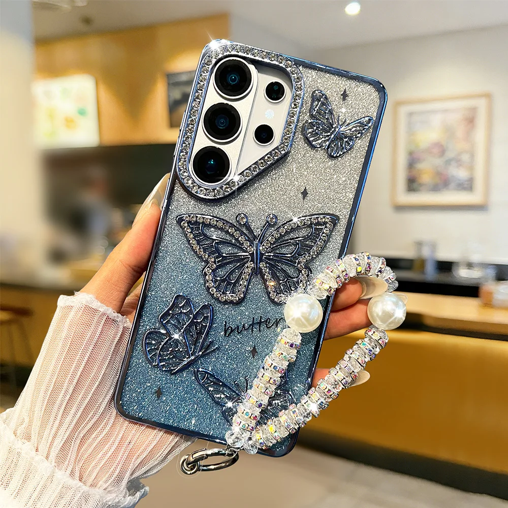 Glitzernde 3D-Schmetterling-Handyhülle für Samsung Galaxy S26 S25 S24 Ultra Plus FE 5G A16 mit Perlen-Kristall-Handschlaufe und TPU-Schutzhülle