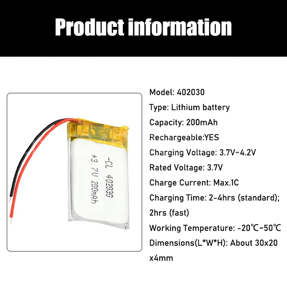 402030   3.7v 200mAh 리튬 이온 Lipo 셀 블루투스 GPS MP3 MP4 레코더에 대 한 리튬 Li-Po 폴리머 충전식 배터리