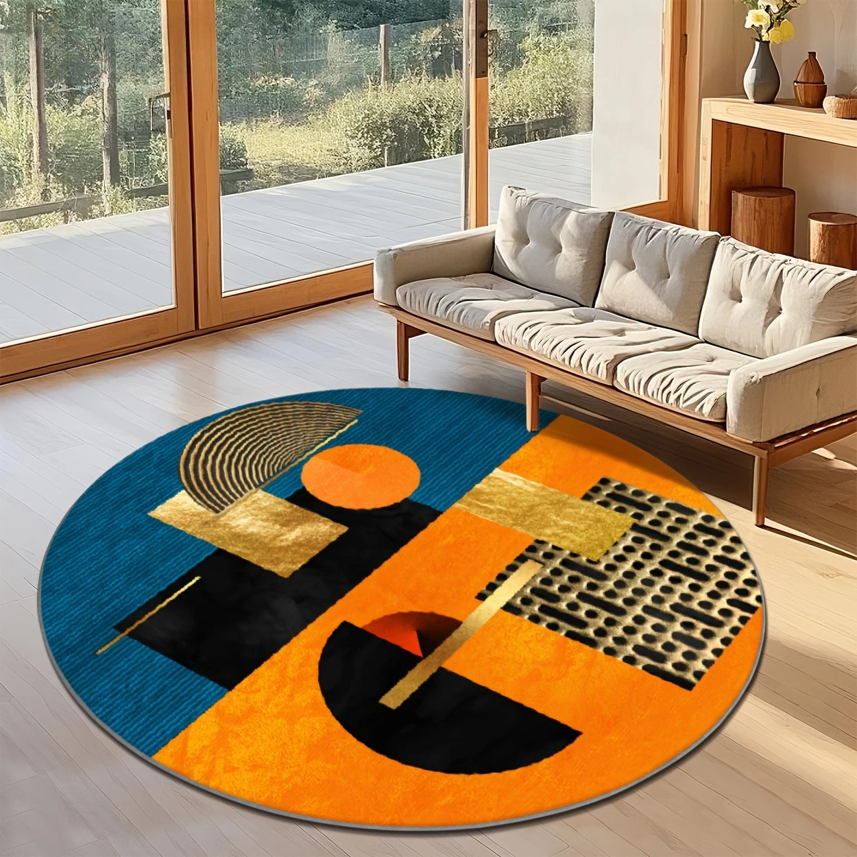 Rustic Wooden Log Cross Section Circular Area Rug  Natural Crack Tree Growth Ring Anti Slip Round Rug for Cabin Home Decor