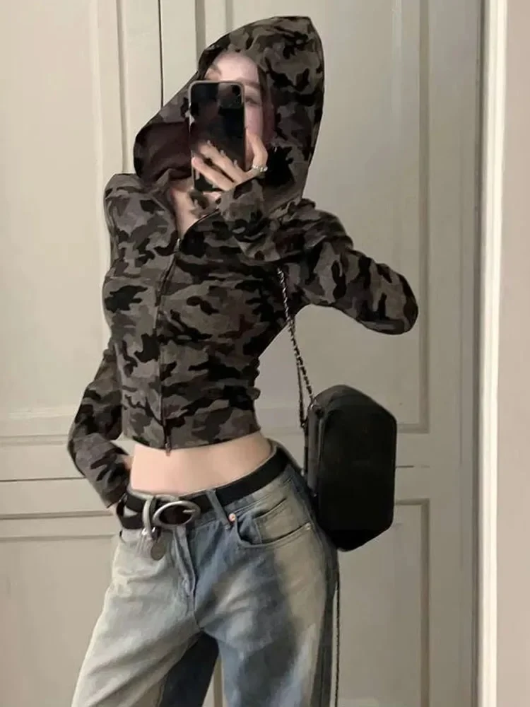 الأمريكية الساخنة فتاة التمويه كم طويل هوديي المرأة أوائل الخريف فريد التخسيس سستة علوية القطن Y2k تي شيرت المحاصيل