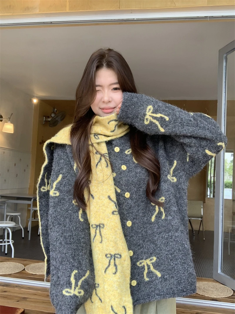 

Корейский стиль, женские осенне-зимние кардиганы с бантом Christimas, свитер, пальто, женский мягкий винтажный серый трикотаж, кардиган + шарф