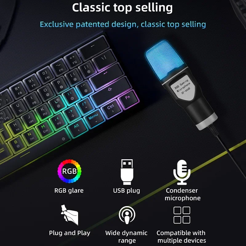 SF666R USB Microfoon RGB Microfoon Condensador Draad Gaming Microfoon voor Podcast Opname Studio Streaming Laptop Desktop PC Microfoon