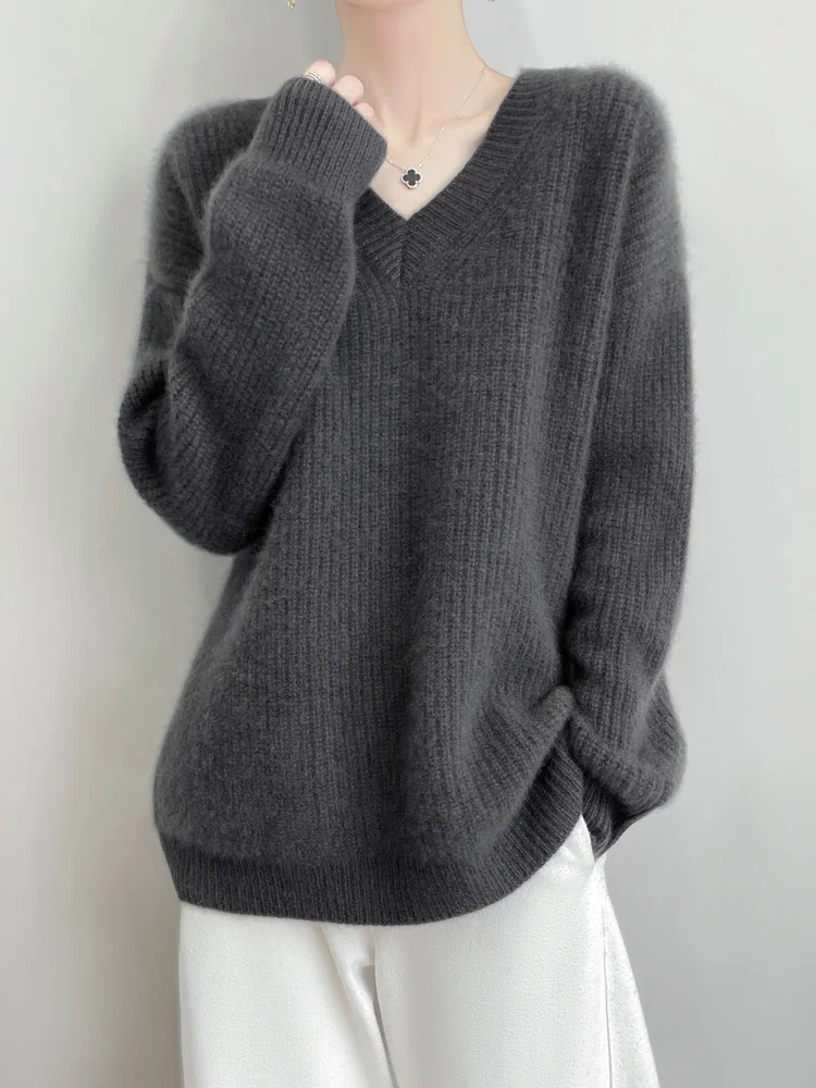 

Classic Autumn Winter Women Sweater 100% Merino Wool V-Neck Striped Knitted Pullover Long Sleeve Clothing Tops Sales Soft Jumper