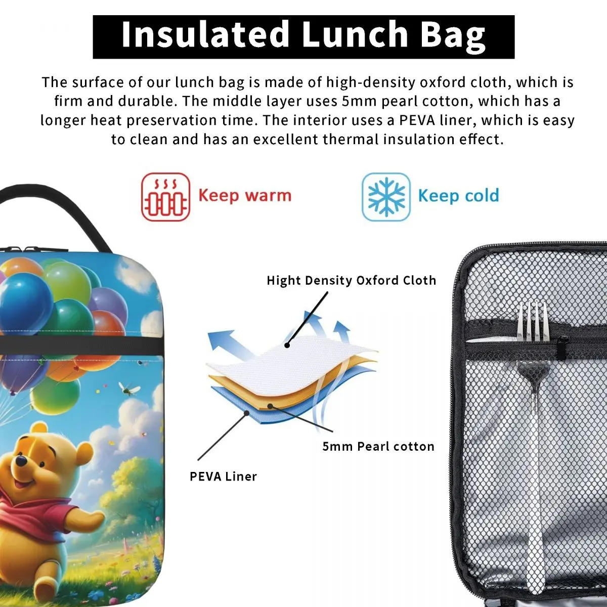 Winnie Pooh Borsa per il pranzo isolata per cartoni animati Kawaii per le donne Orso riutilizzabile Simpatico animale Borsa termica per il pranzo Tote Ufficio Picnic