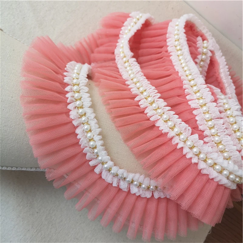 6CM Wide Double Layers Mesh Fabirc Pleated Lace Beaded Fringe Trim Ribbon Wedding Dress Garment Collar DIY Sewing Guipure Decor image 5