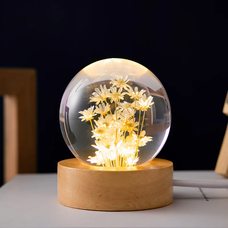 

Luminous 3D Dandelion Crystal Ball Beech Wood Stand Base Preserved Flower Sphere Ball Desktop Ornaments Bithday Christmas Gifts