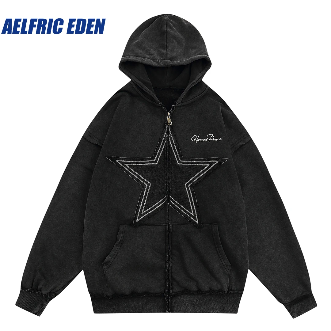 Aelfric Eden Star Washed Zip-up Hoodie Y2K Streetwear Hip Hop Retro Harajuku Fashion Casual Cotton Loose Pullover Punk Hoodies