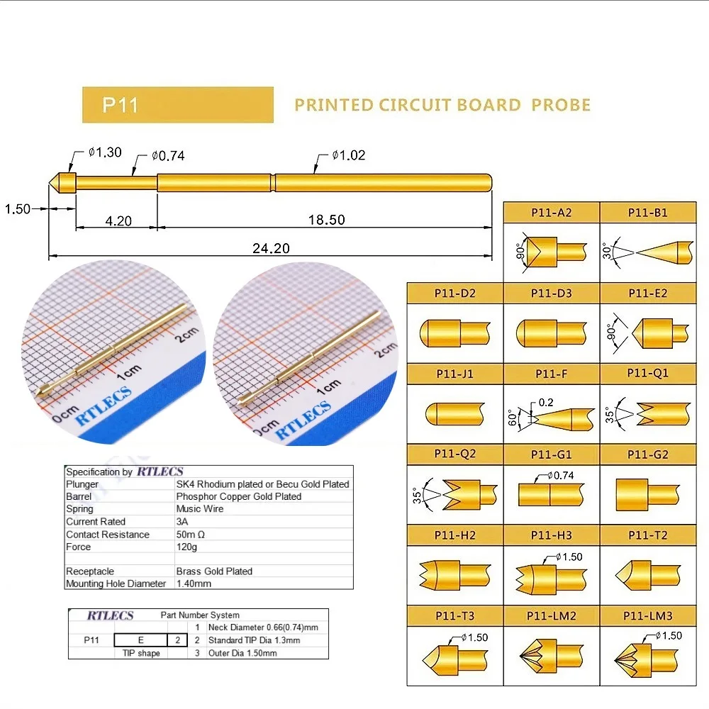 100Pcs Bare PCB 1.91MM Pitch Spring Probe P11 R11 Testing Pin 24.2MM Length 1.02MM Dia Gold Plated TIP styles Sockets to Order