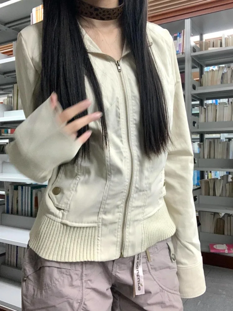 Deeptown Vintage Y2k Cropped Jackets Women Harajuku Streetwear Retro 2000s Basic Zipper Coat Long Sleeve Outerwear Grunge 90s