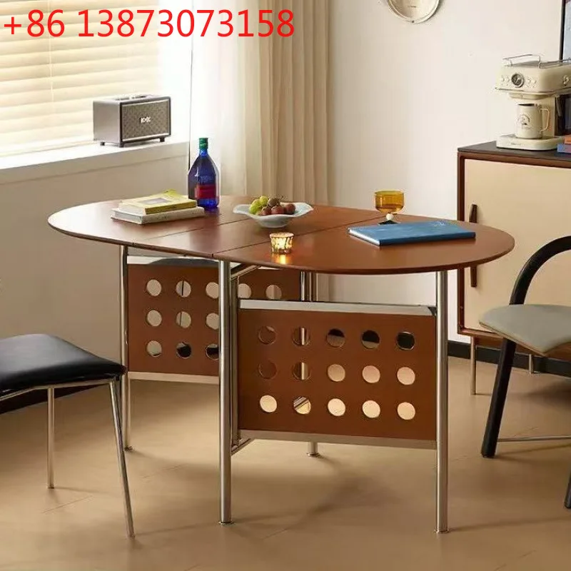 

Foldable rock slab dining table and chair combination oval Nordic medium and ancient style household small apartment solid