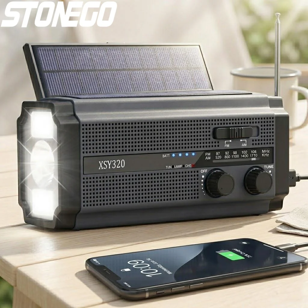 

Солнечное аварийное радио AM/FM с ручным генератором, внешним аккумулятором 5000 мАч, светодиодной подсветкой и сигнализацией SOS, идеально подходит для кемпинга, походов и активного отдыха на природе