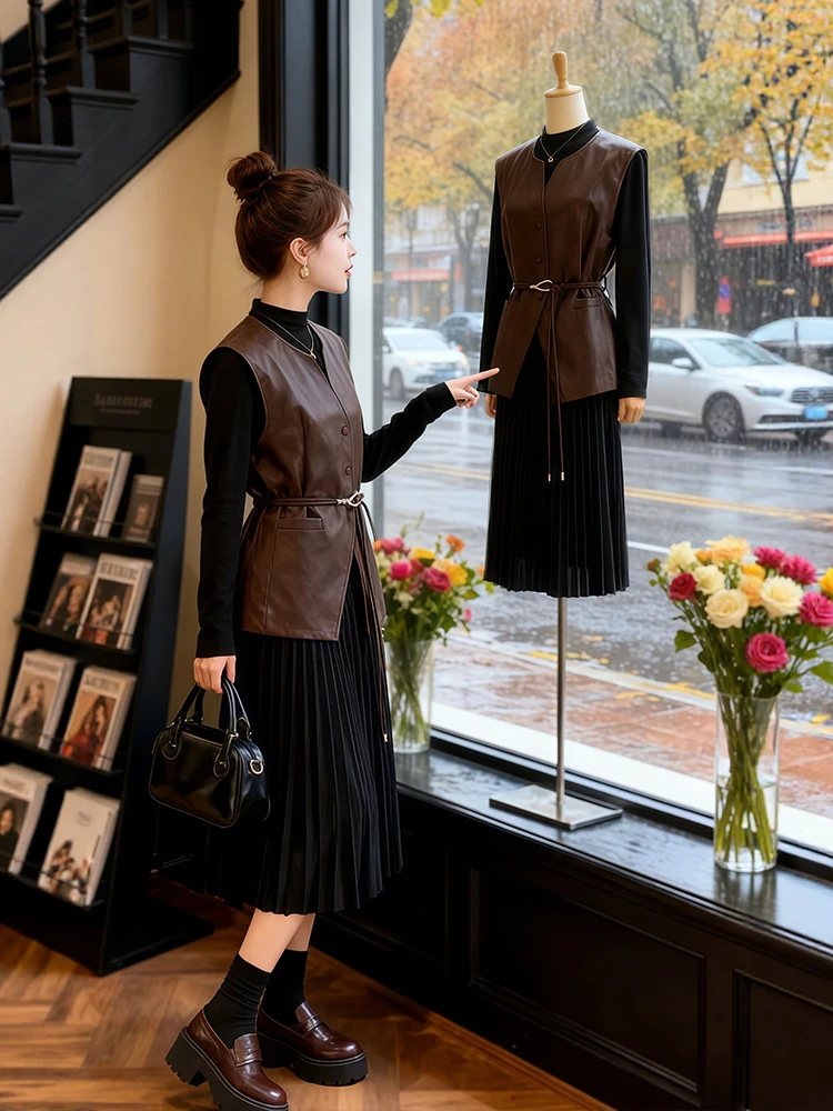 

Ce Brown Leather Vest And Pleated Dr Set plus Size Korean Sle Faionable Spring Collection High Waist Warmth Function