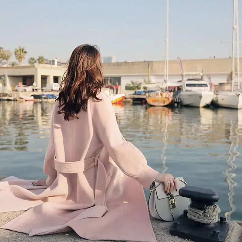 

Winter New Warm Long Loose Elegant Overcoat Korean Pink Blend Coats Women Thicken Quilted Belt Woolen Jackets