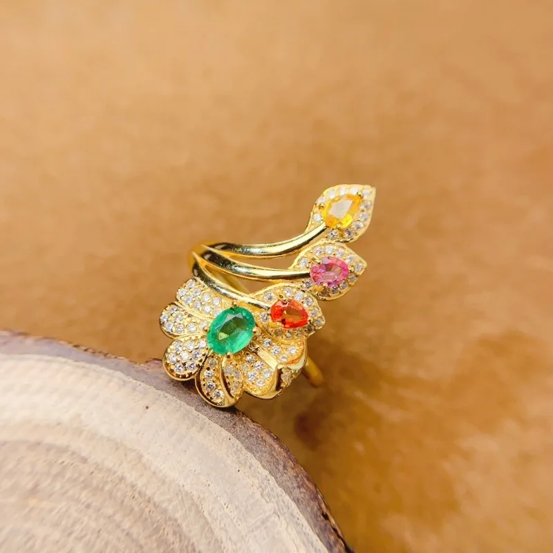 

New Luxurious Personality Ring Set with Natural Emerald Delicate Large Granule Attended Banquet Party Jewelry